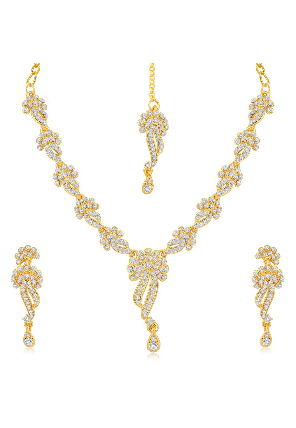 Golden Zinc Necklace Set With Earrings and Maang Tikka 199514