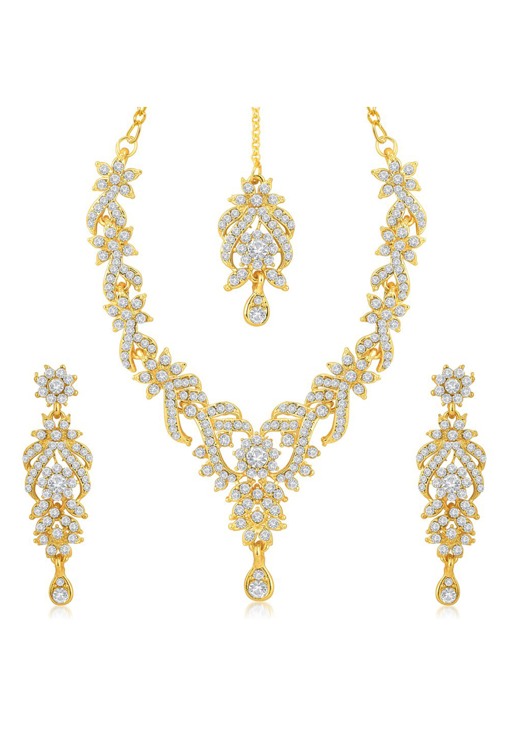 Golden Zinc Necklace Set With Earrings and Maang Tikka 191701
