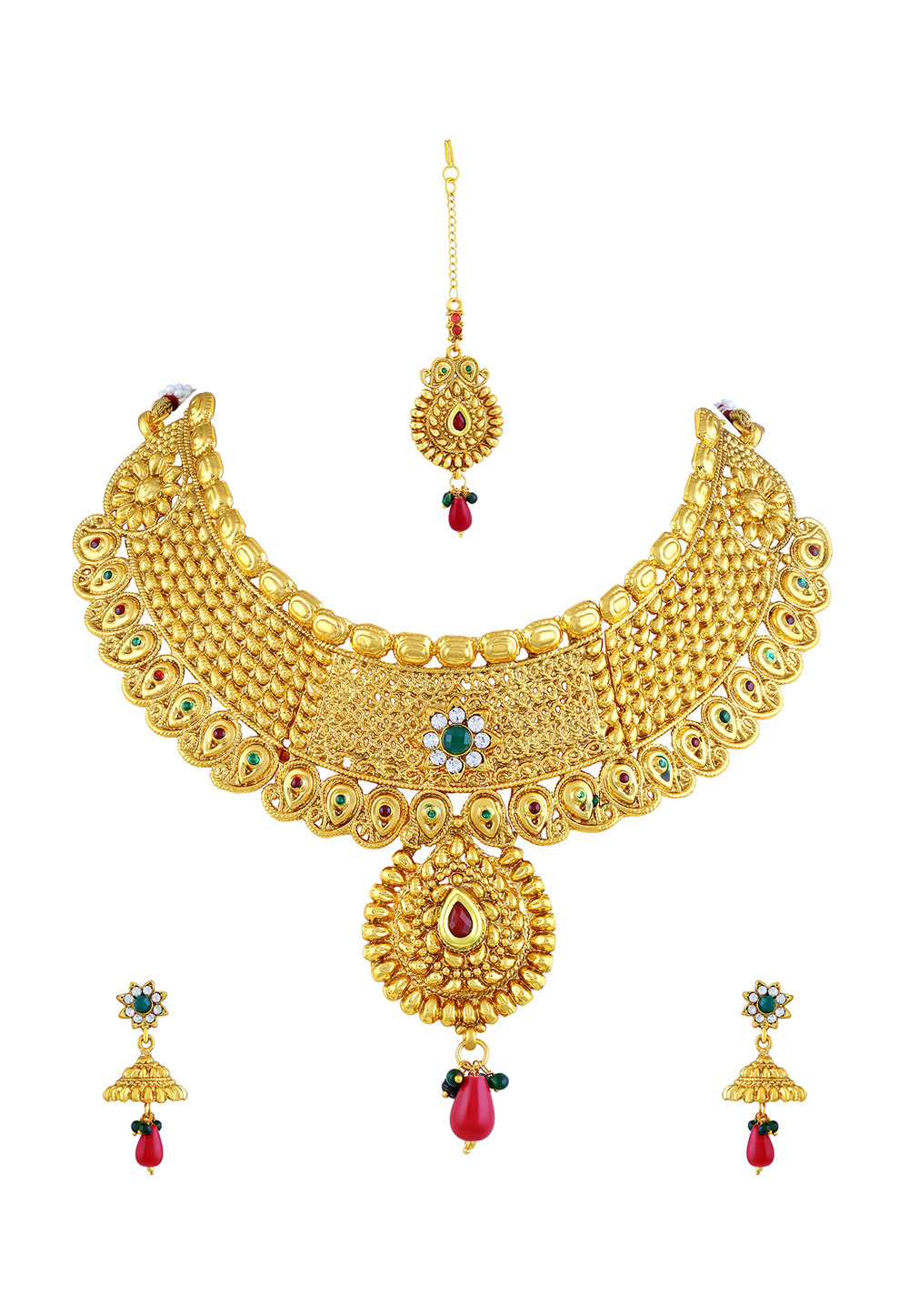 Golden Zinc Necklace Set With Earrings and Maang Tikka 191704