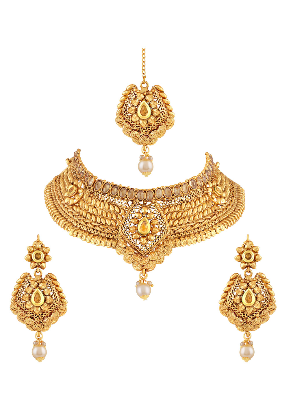 Golden Zinc Necklace Set With Earrings and Maang Tikka 191724
