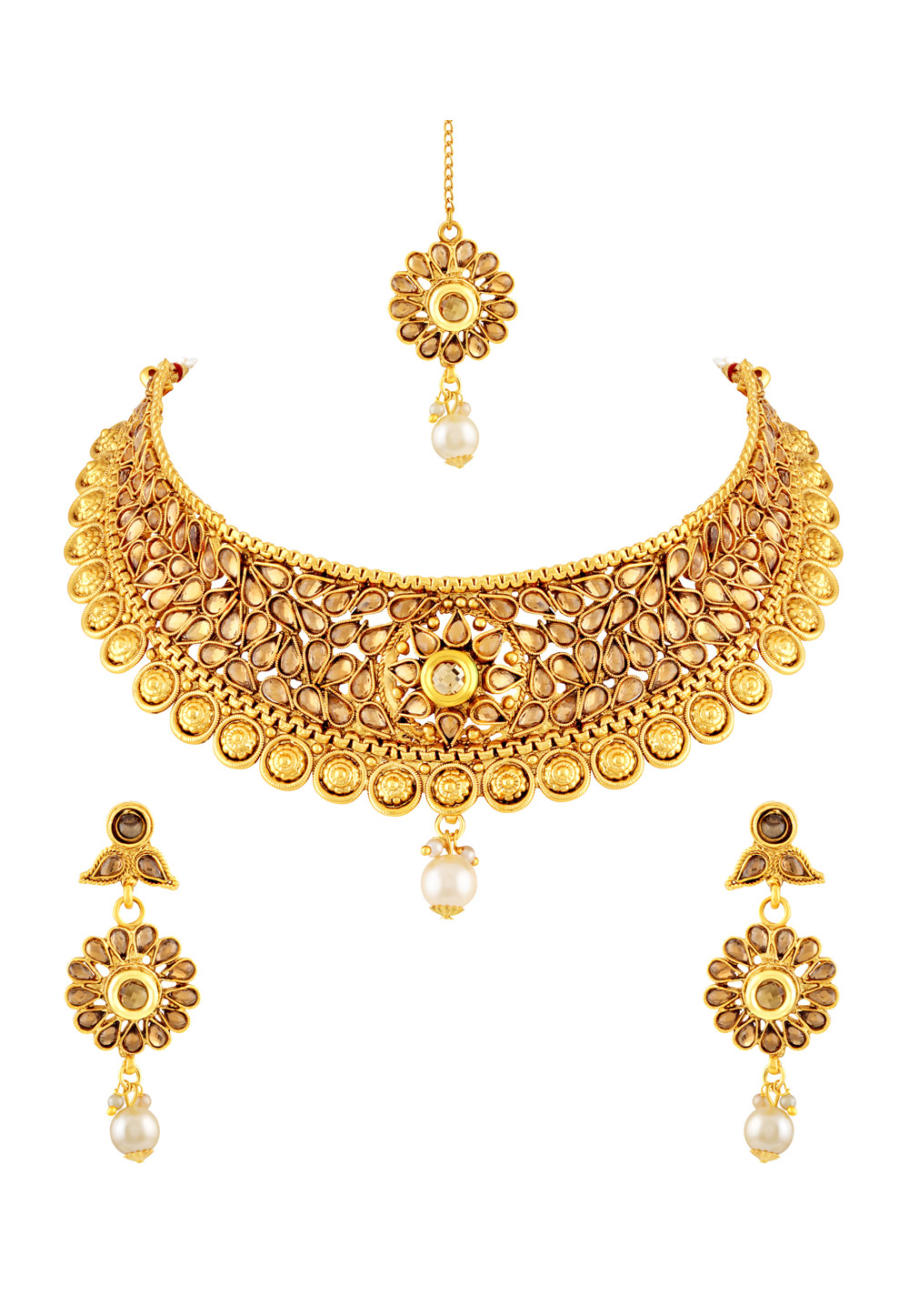 Golden Zinc Necklace Set With Earrings and Maang Tikka 191726