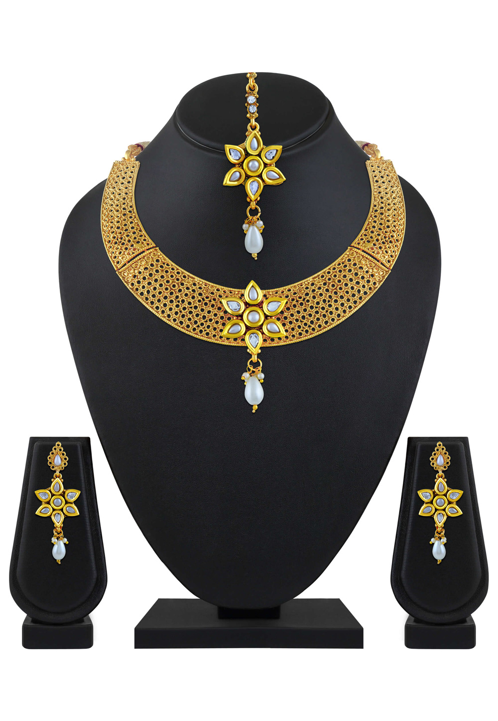 Golden Zinc Necklace Set With Earrings With Maang Tikka 199522