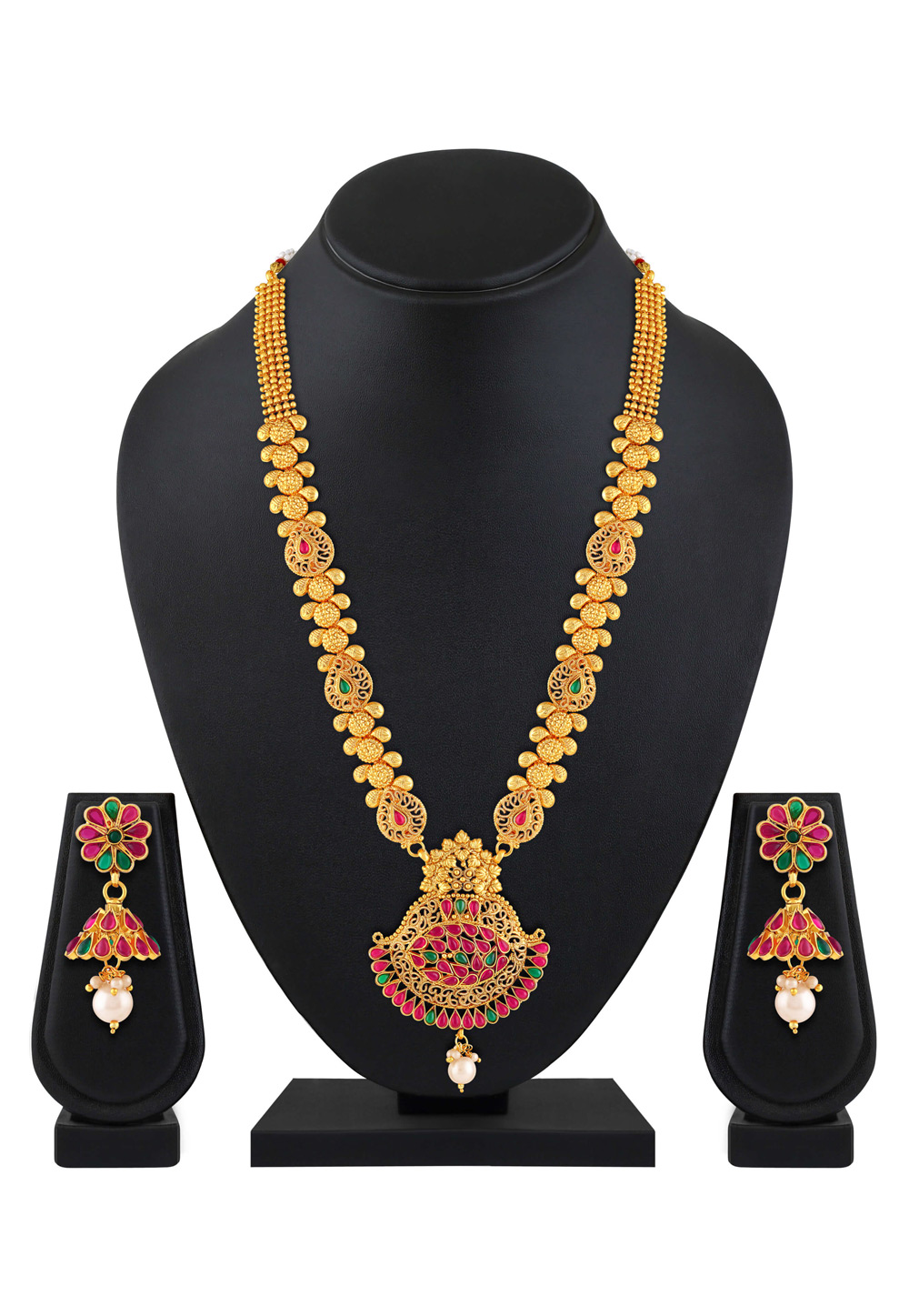 Pink Brass Necklace Set With Earrings 199541