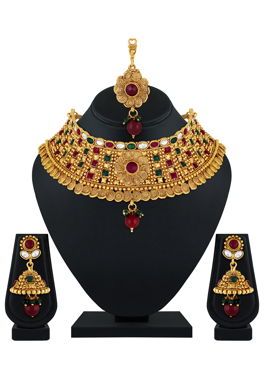 Maroon Zinc Necklace Set With Earrings and Maang Tikka 199551