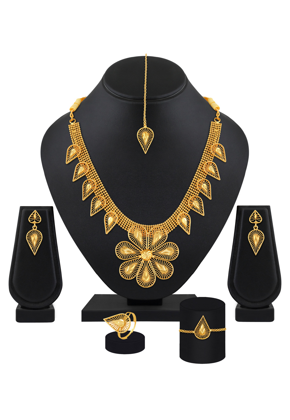 Golden Brass Necklace Set With Earrings With Maang Tikka 199557