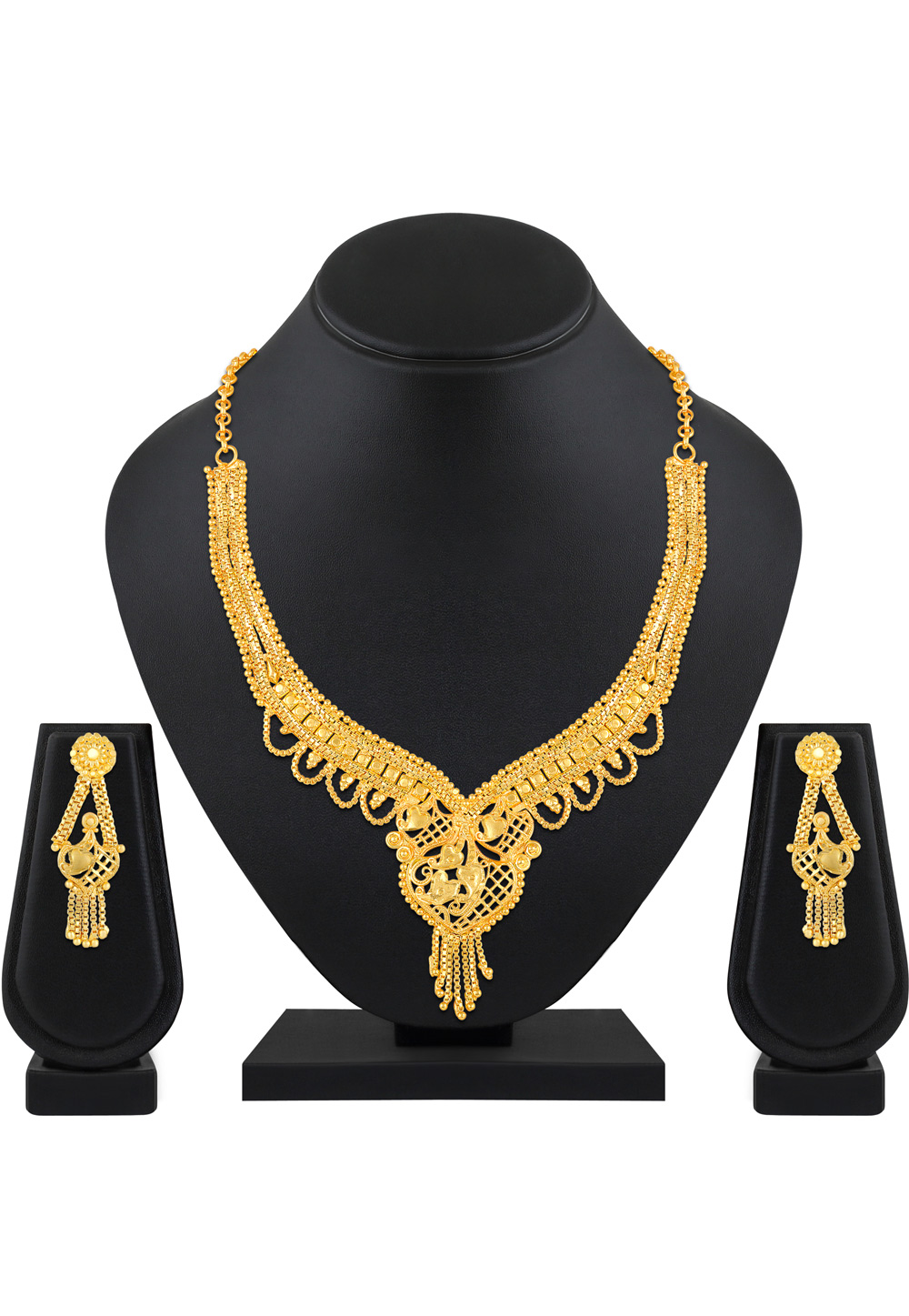 Golden Brass Necklace Set With Earrings 199567