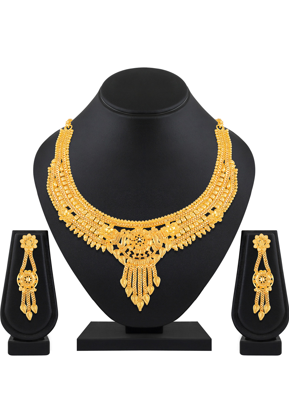Golden Brass Necklace Set With Earrings 199568