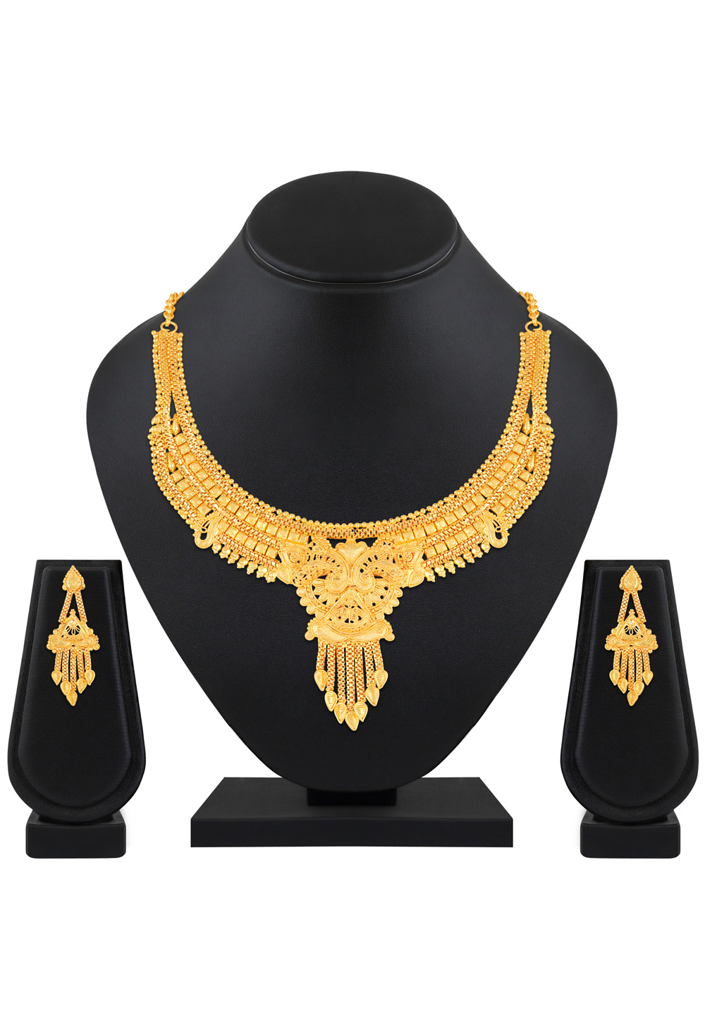 Golden Brass Necklace Set With Earrings 199569
