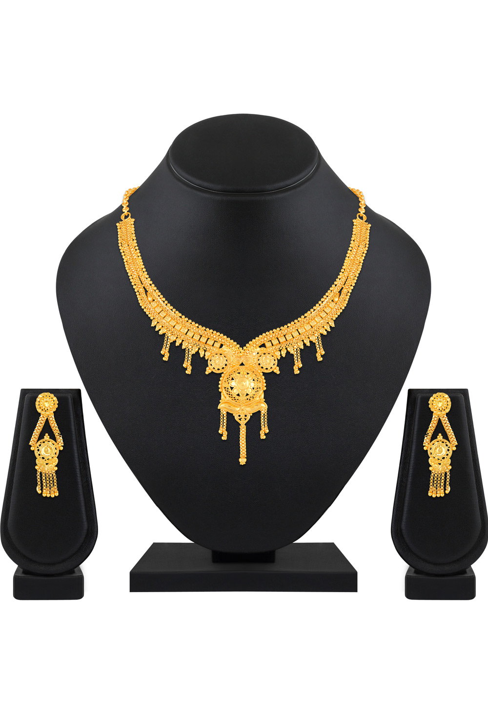 Golden Brass Necklace Set With Earrings 199570