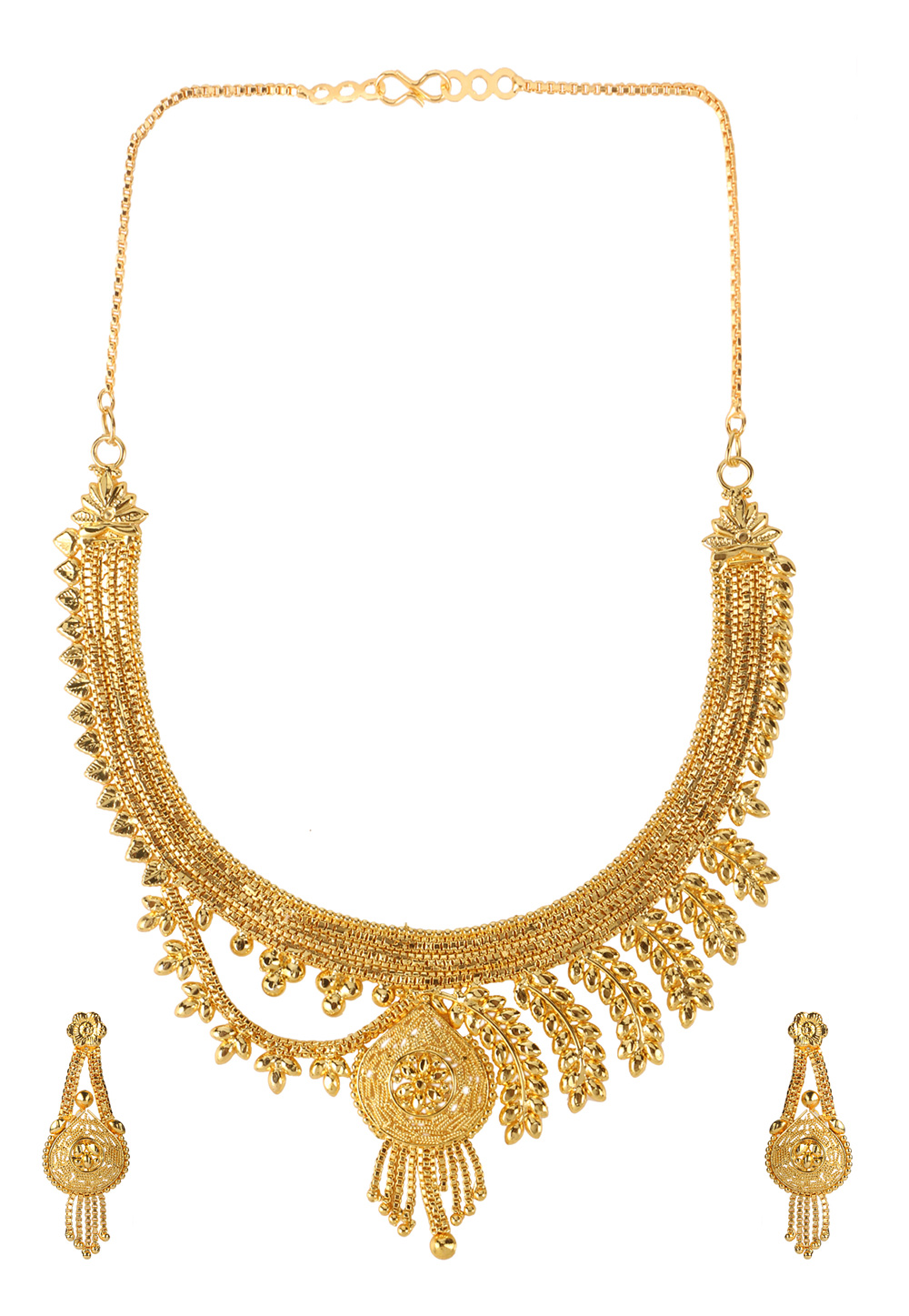 Golden Brass Necklace Set With Earrings 191926