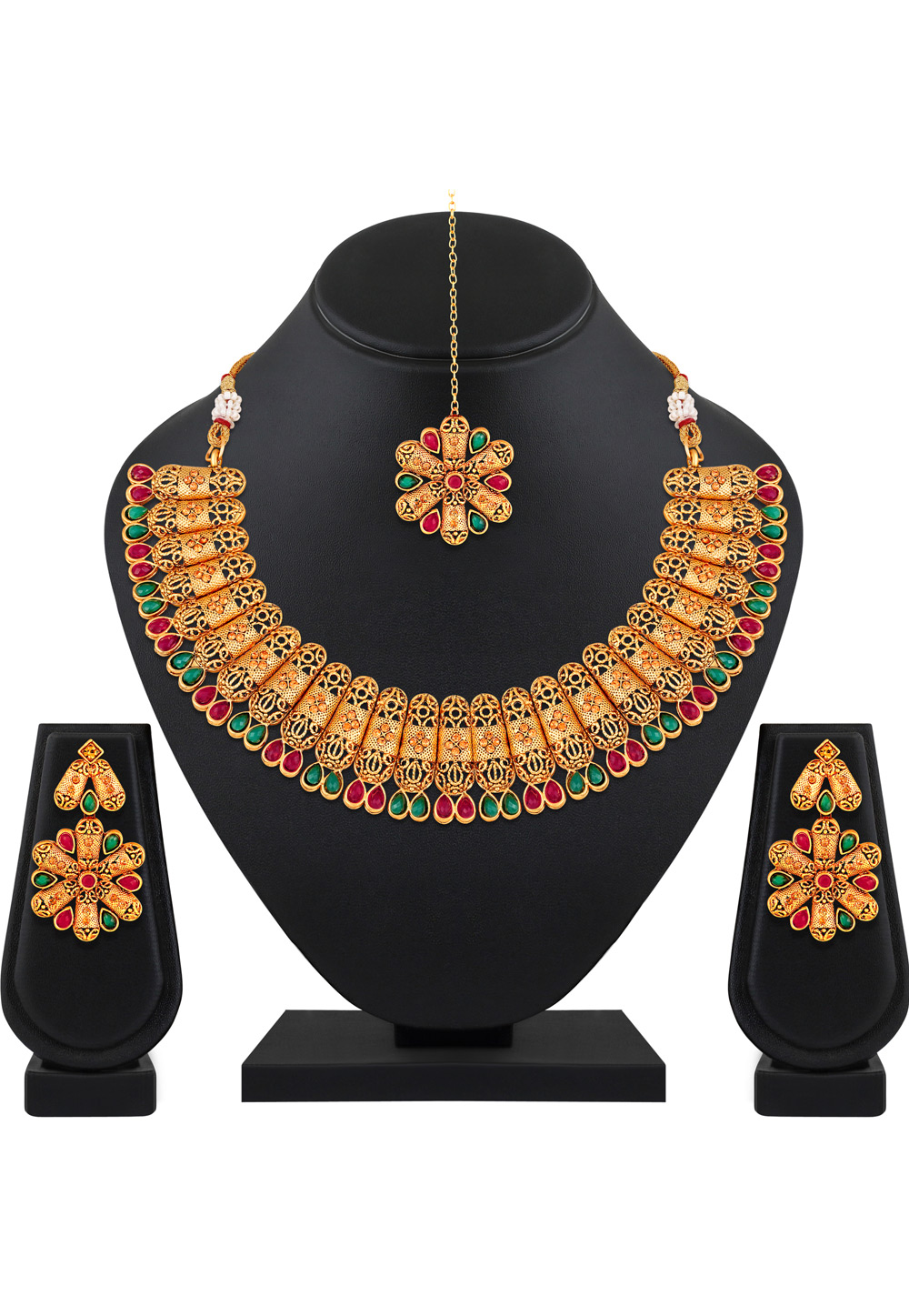 Green Zinc Necklace Set With Earrings and Maang Tikka 199572