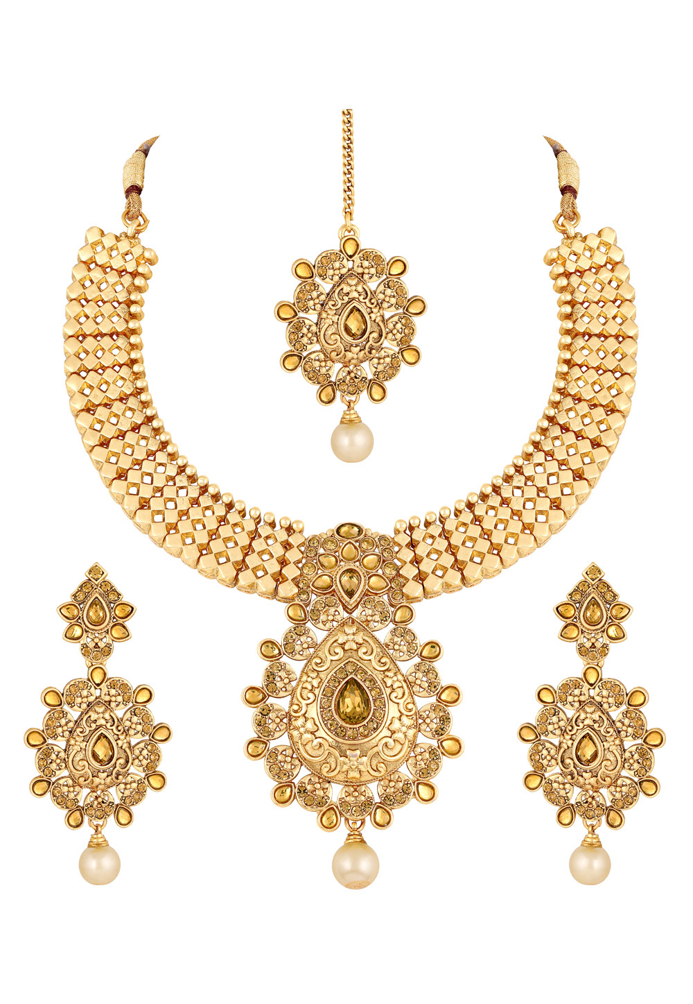 Golden Zinc Necklace Set With Earrings and Maang Tikka 191929