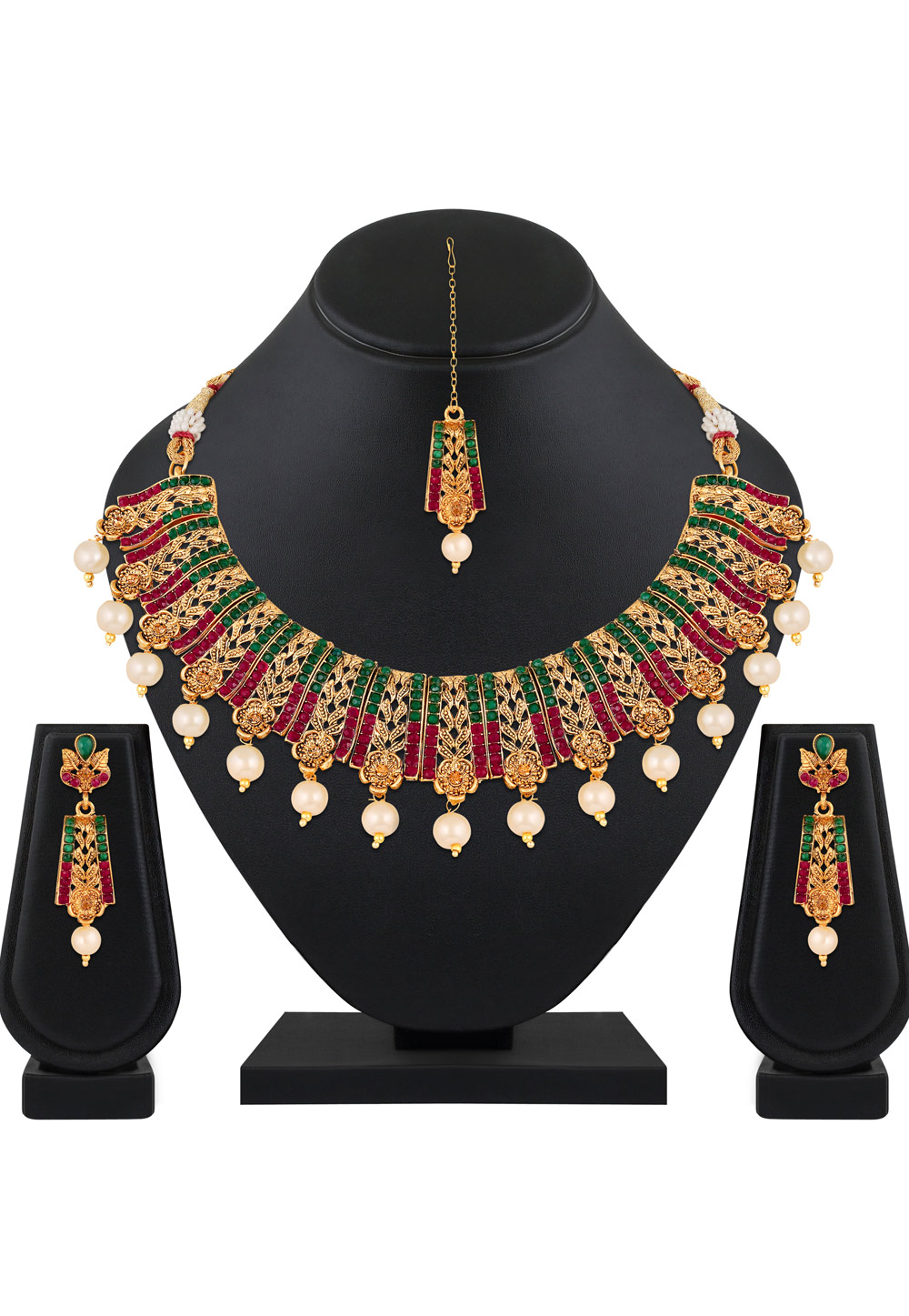 Green Zinc Necklace Set With Earrings With Maang Tikka 199573