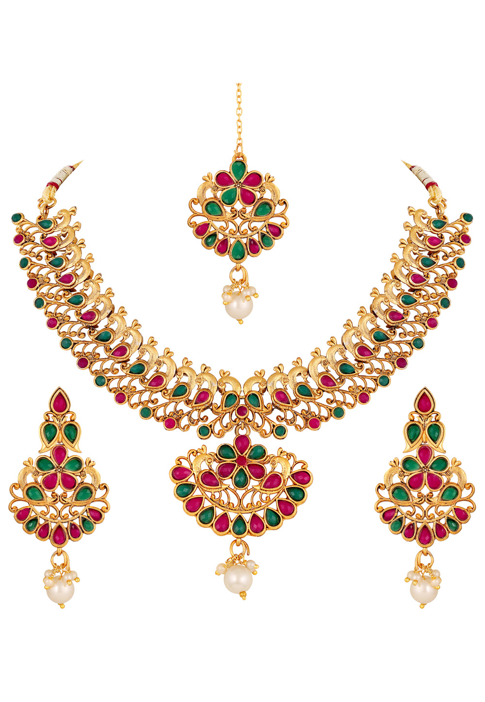 Pink Zinc Necklace Set With Earrings and Maang Tikka 191933