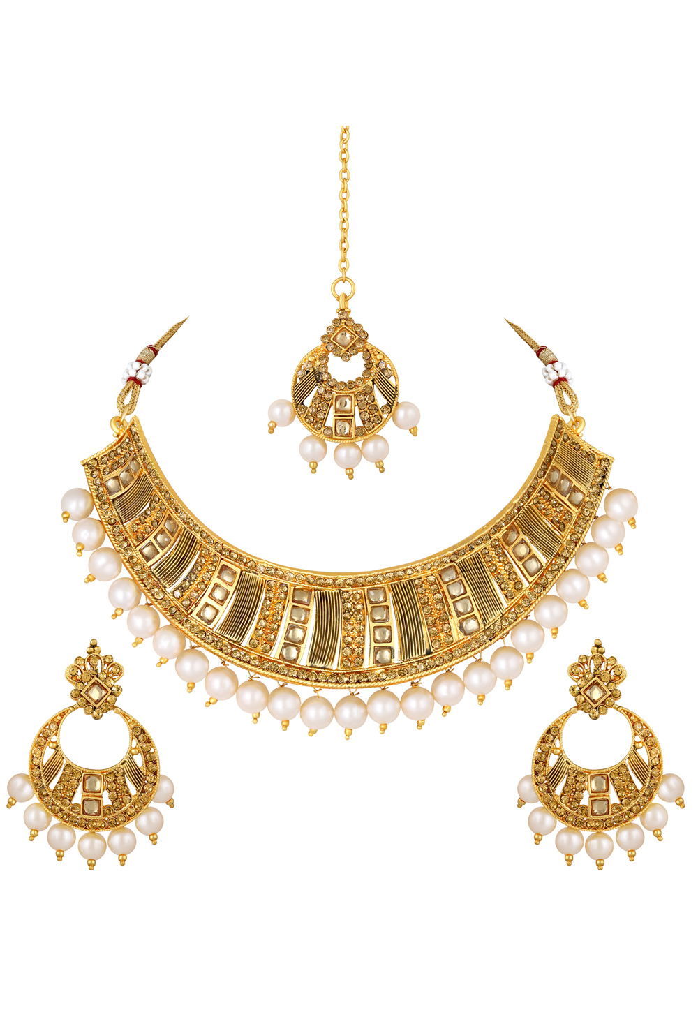 Golden Zinc Necklace Set With Earrings and Maang Tikka 191945