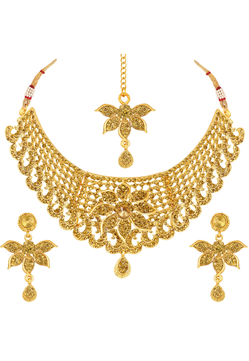 Golden Zinc Necklace Set With Earrings and Maang Tikka 191951
