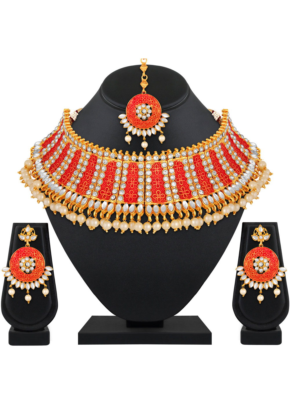 Red Zinc Necklace Set With Earrings and Maang Tikka 199579