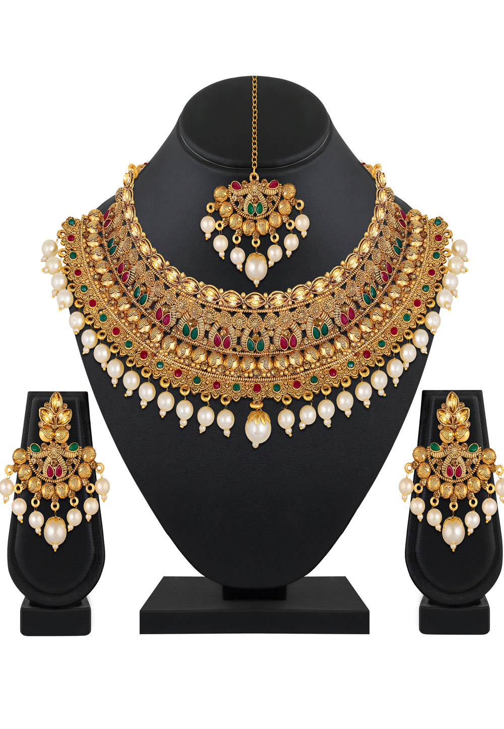 White Brass Necklace Set With Earrings With Maang Tikka 199580