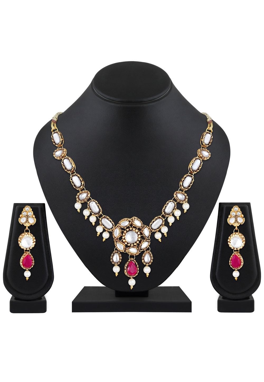 Pink Brass Necklace Set With Earrings 199589