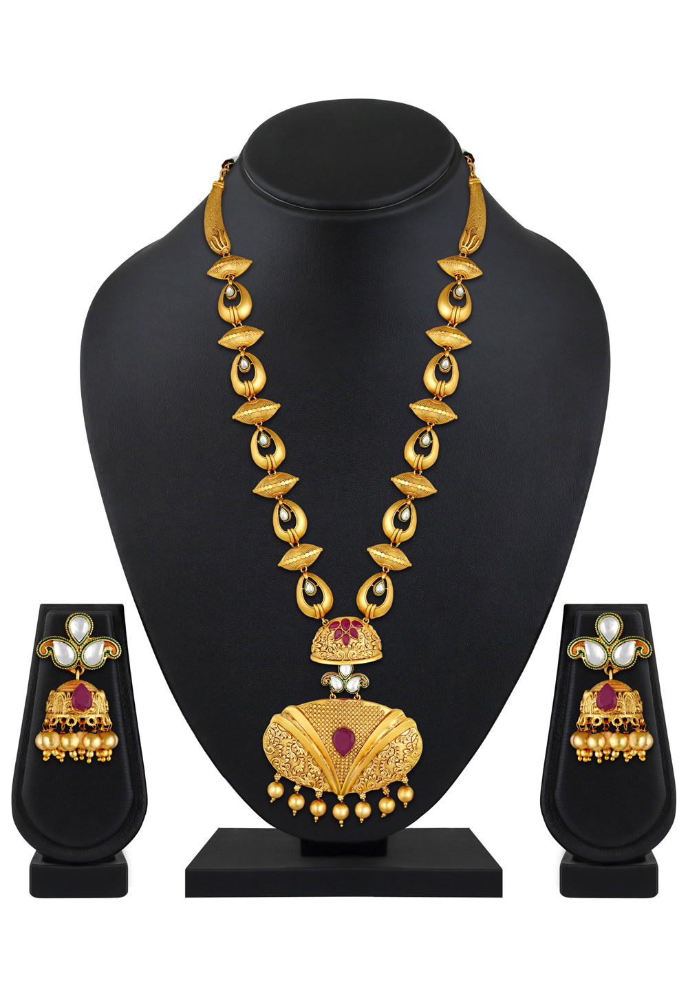 Golden Brass Necklace Set With Earrings 199595