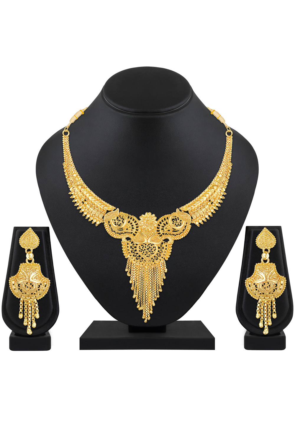 Golden Alloy Necklace Set With Earrings 199599