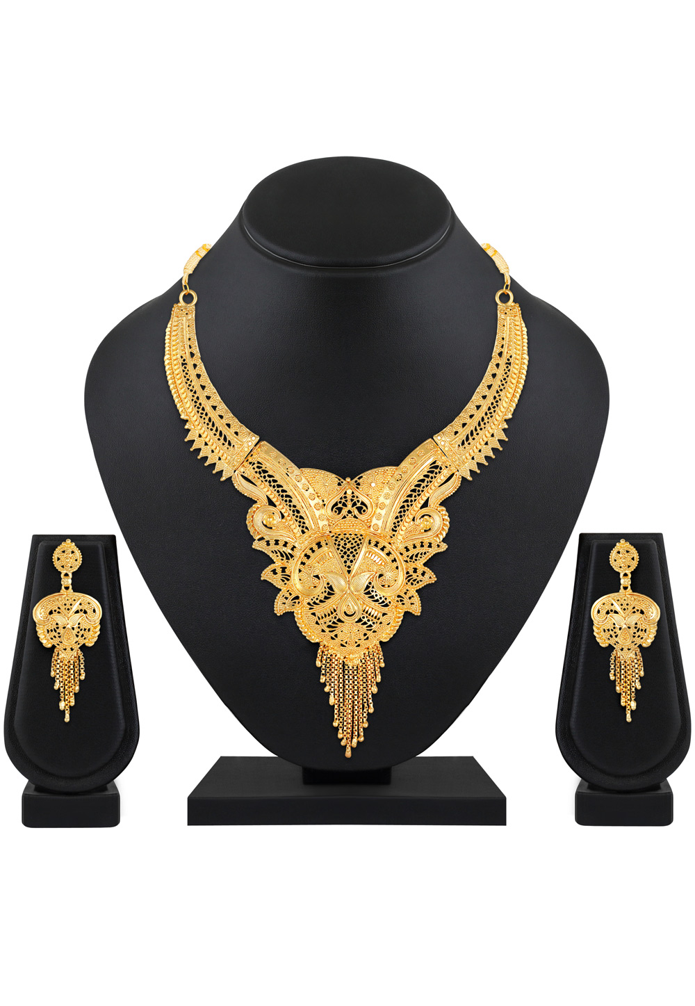 Golden Alloy Necklace Set With Earrings 199600