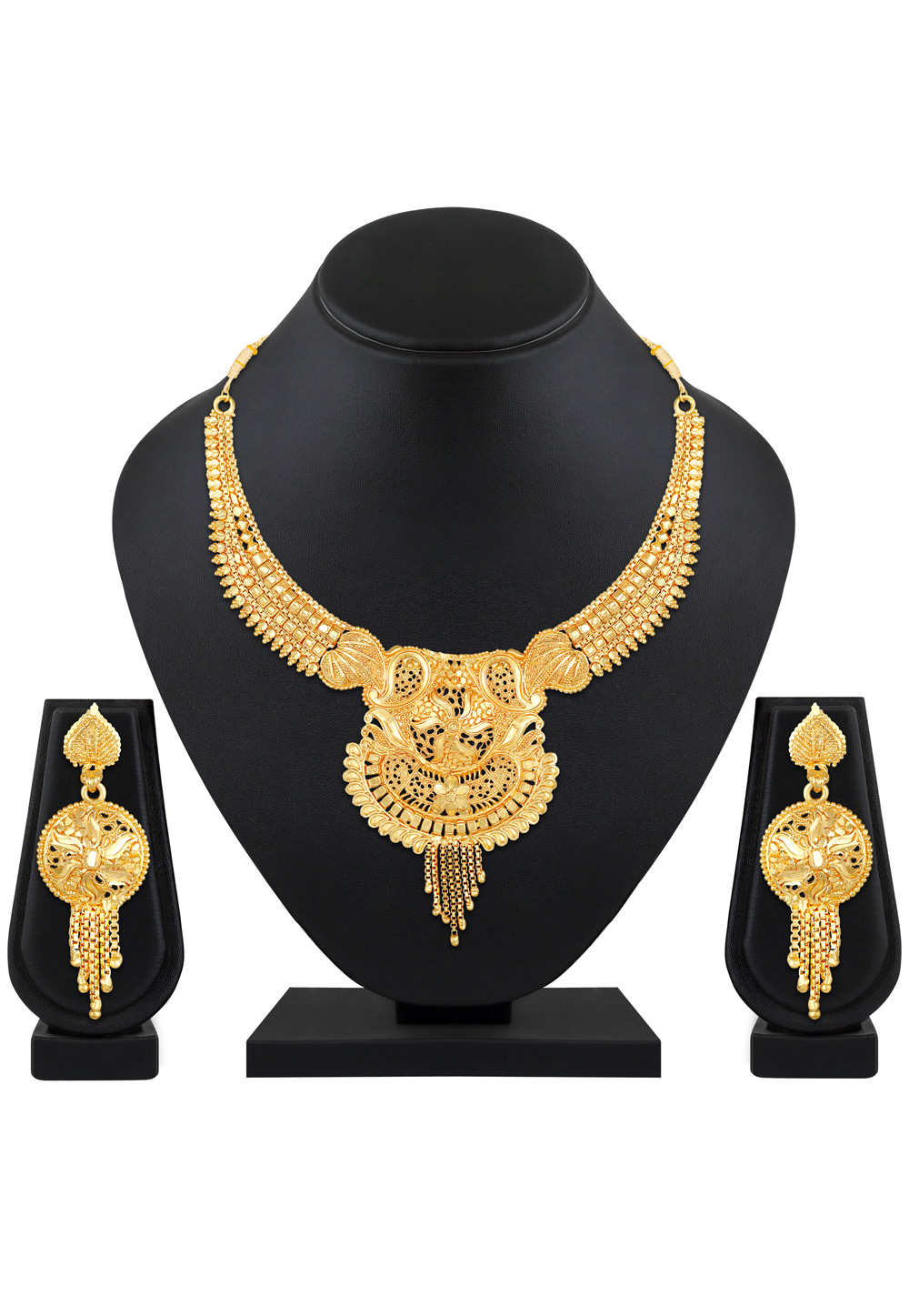 Golden Alloy Necklace Set With Earrings 199601