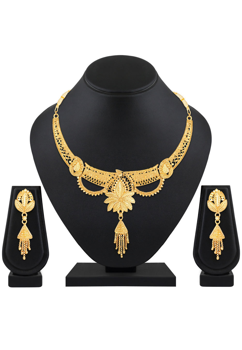 Golden Alloy Necklace Set With Earrings 199602