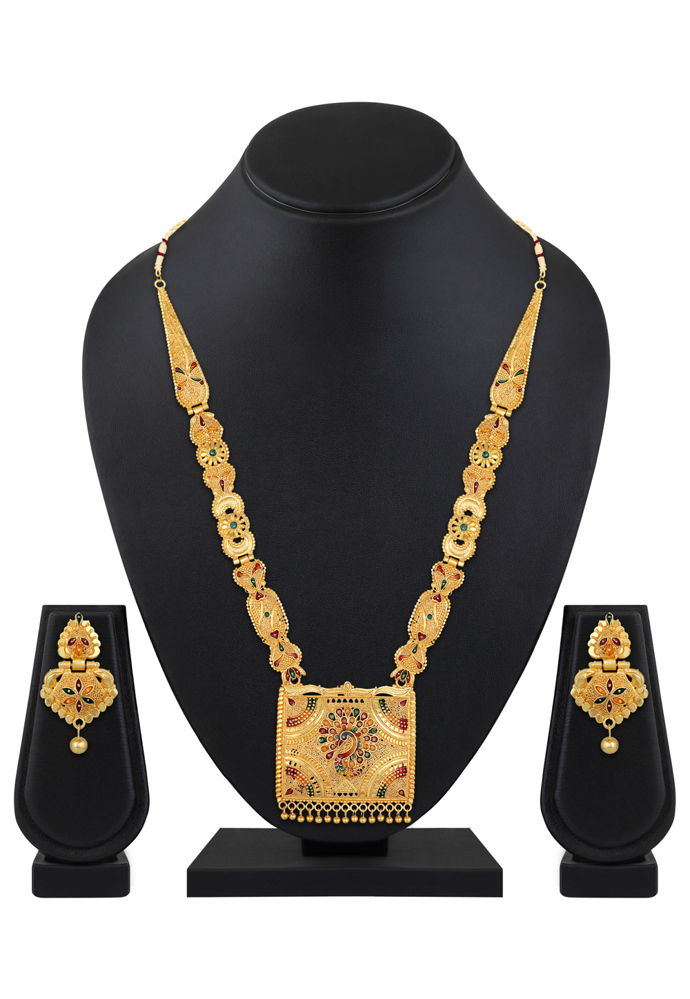 Golden Alloy Necklace Set With Earrings 199605