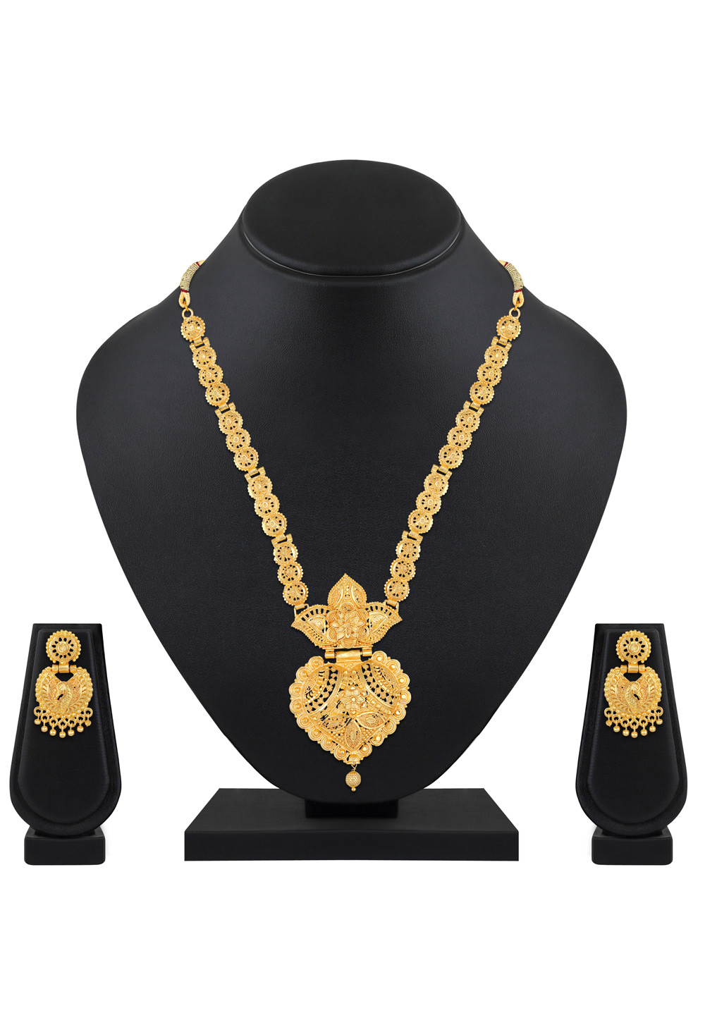 Golden Alloy Necklace Set With Earrings 199607