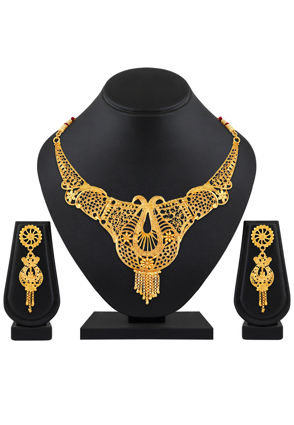 Golden Alloy Necklace Set With Earrings 199618