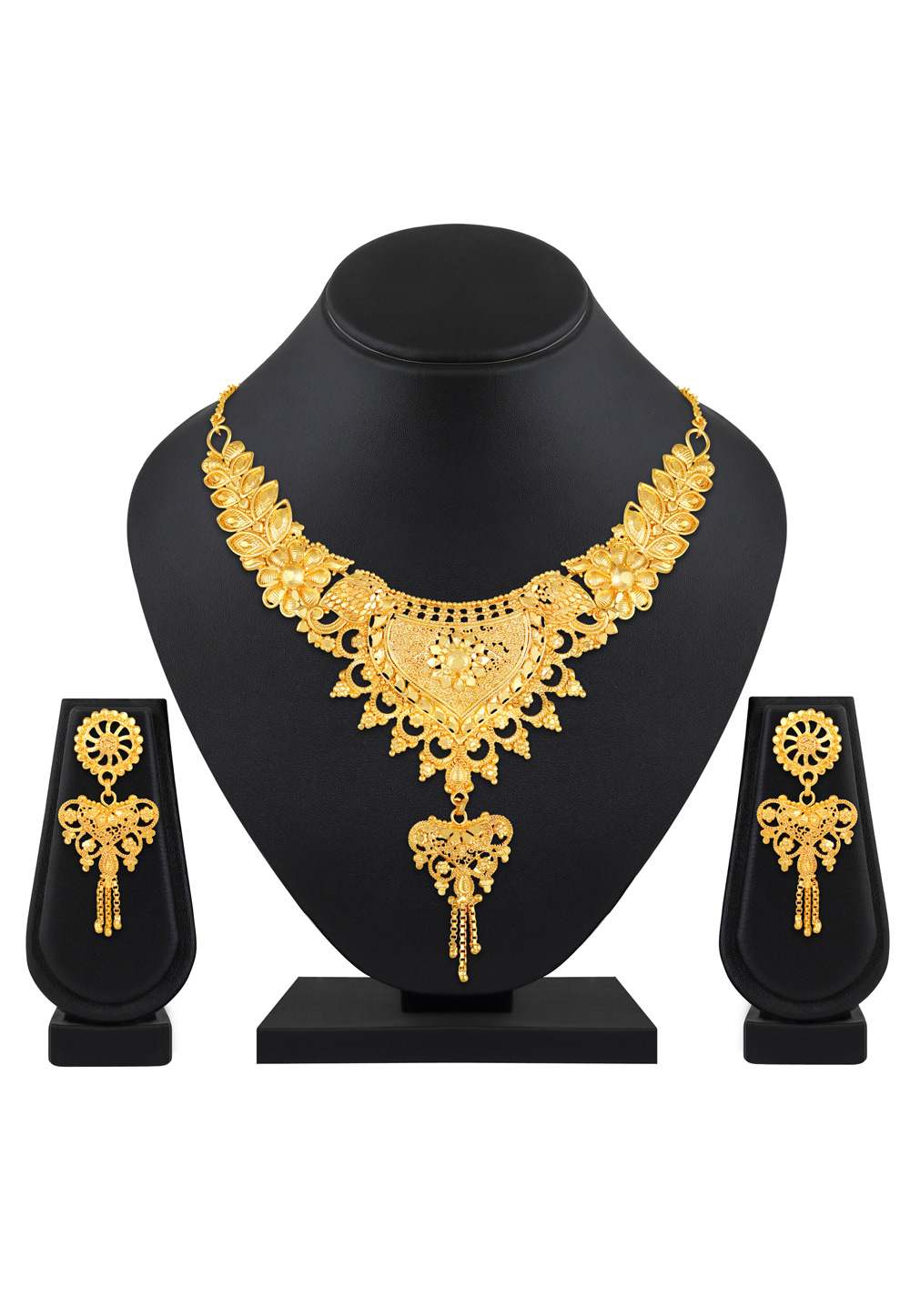 Golden Alloy Necklace Set With Earrings 199619