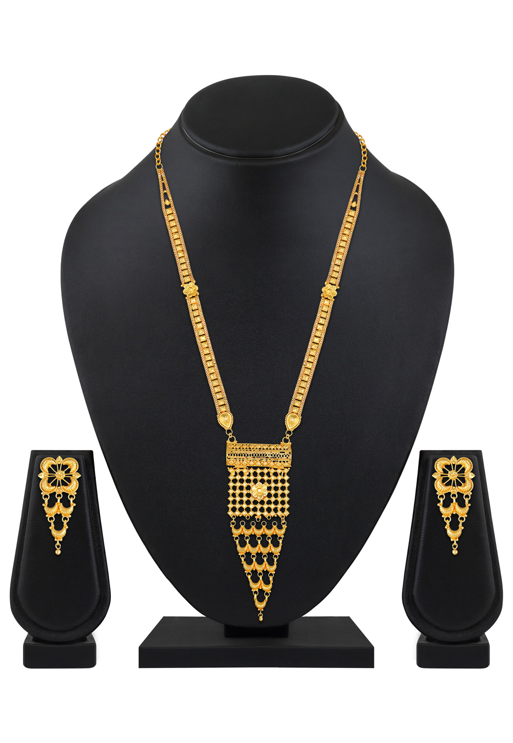 Golden Alloy Necklace Set With Earrings 199623