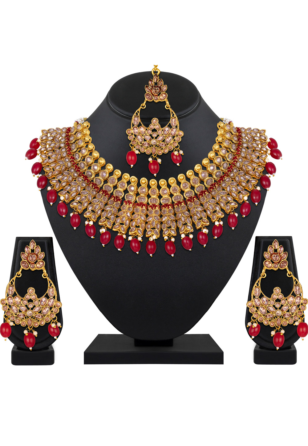 Red Copper Necklace Set With Earrings With Maang Tikka 199628