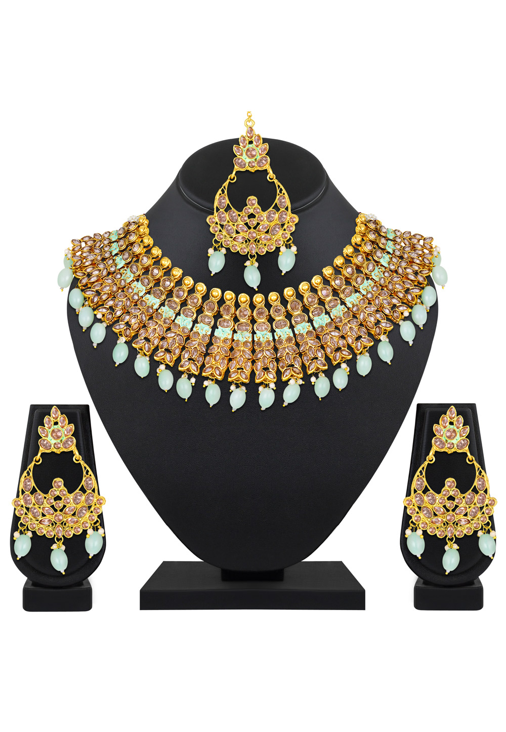 Aqua Copper Necklace Set With Earrings With Maang Tikka 199629