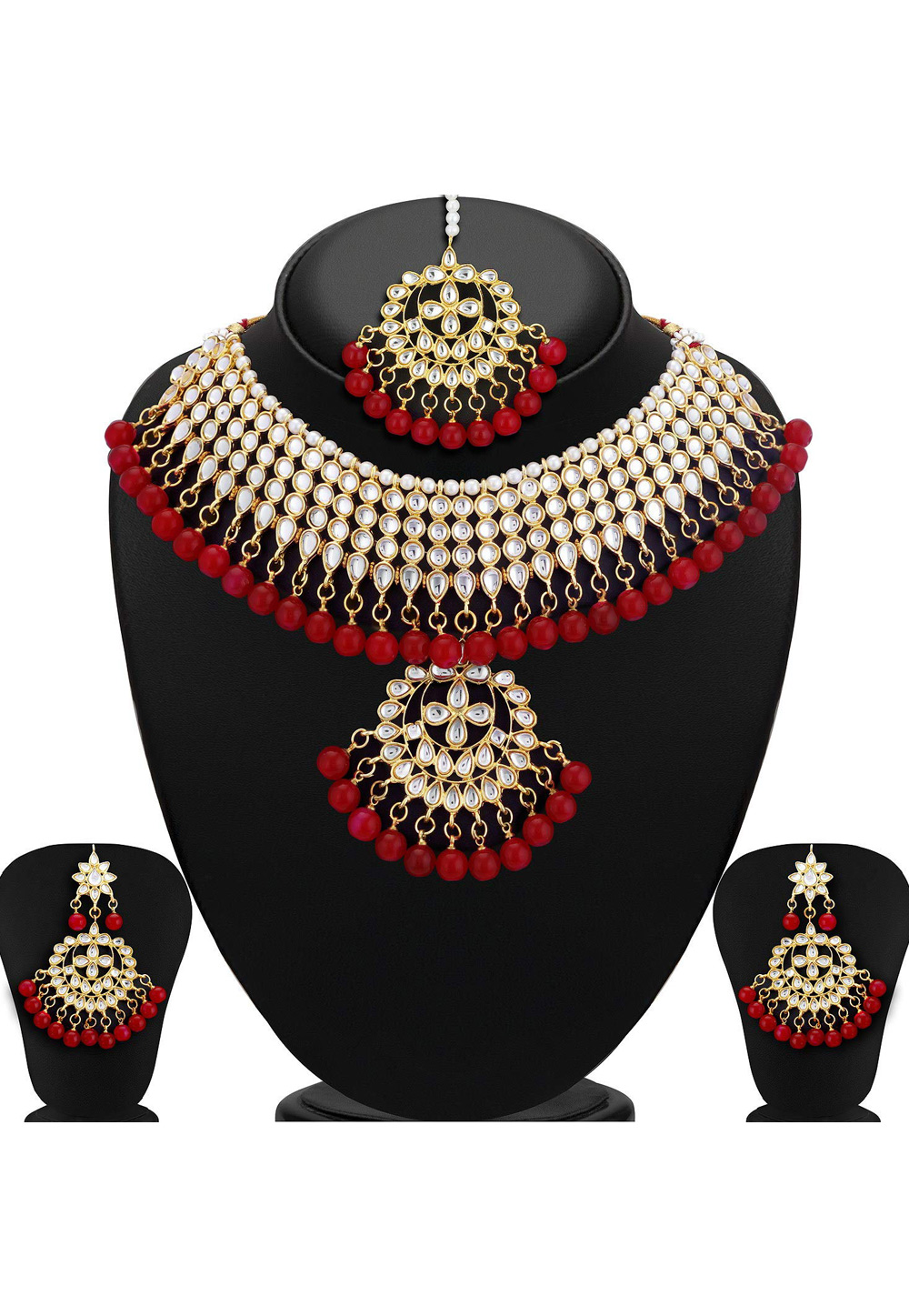 Red Zinc Necklace Set With Earrings With Maang Tikka 199634