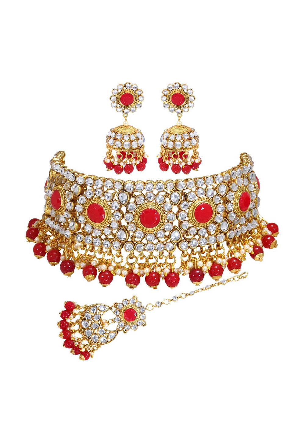 Red Zinc Necklace Set With Earrings With Maang Tikka 199638