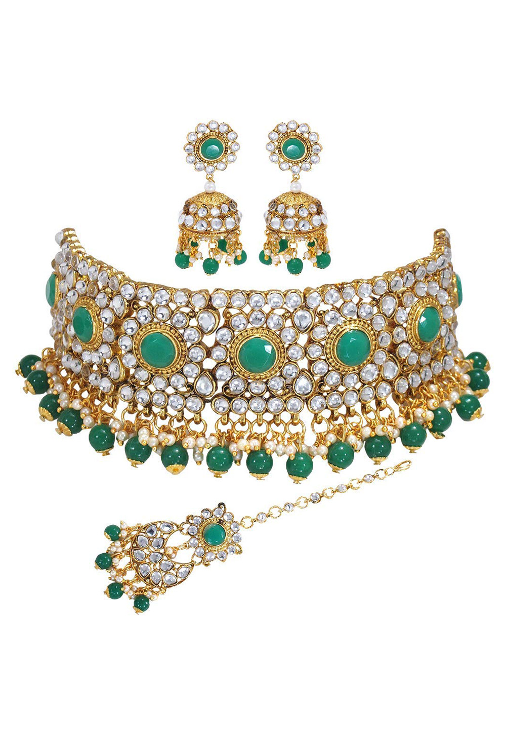 Green Zinc Necklace Set With Earrings With Maang Tikka 199639