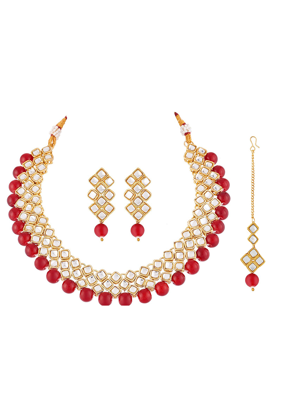 Red Zinc Necklace Set With Earrings and Maang Tikka 199640