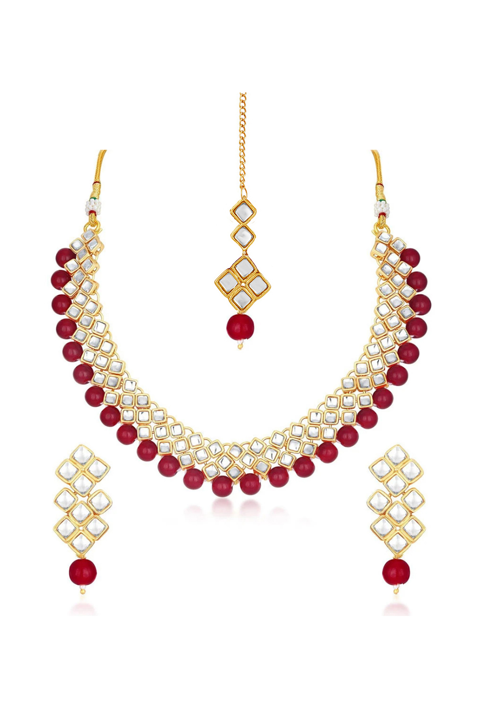 Red Zinc Necklace Set With Earrings With Maang Tikka 199642