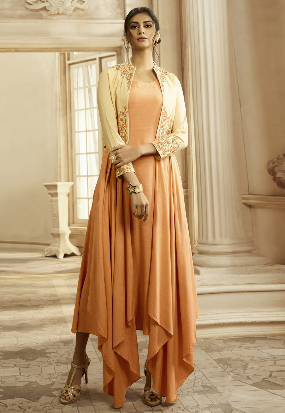 Orange Rayon Gown With Jacket 255205