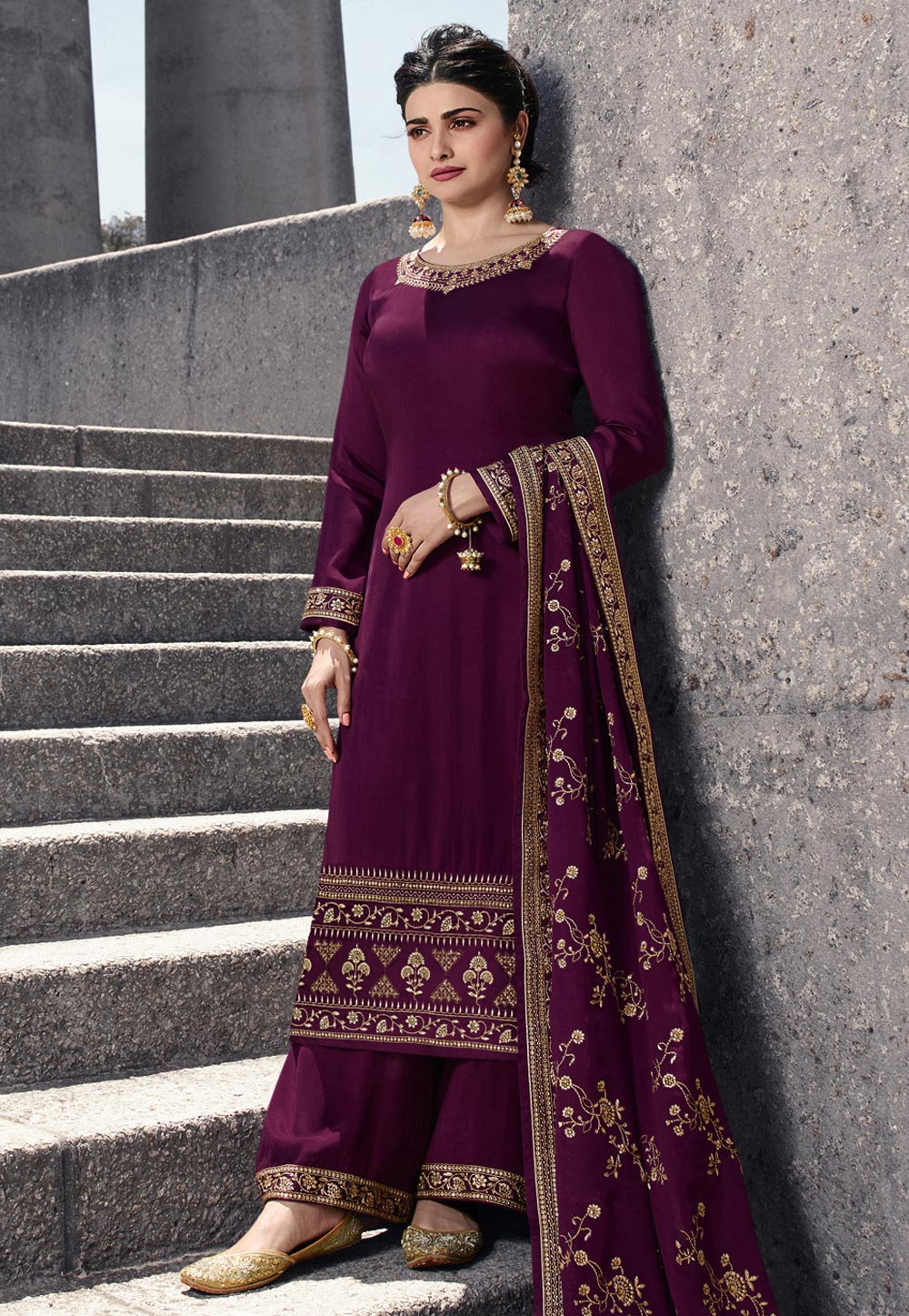 Prachi Desai Purple Satin Bollywood Suit 202915