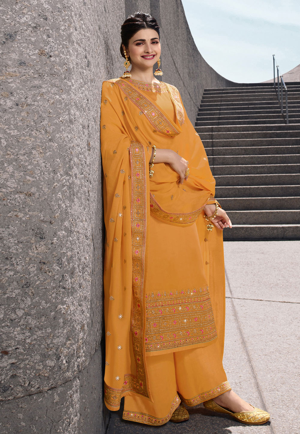 Prachi Desai Yellow Satin Palazzo Suit 202920