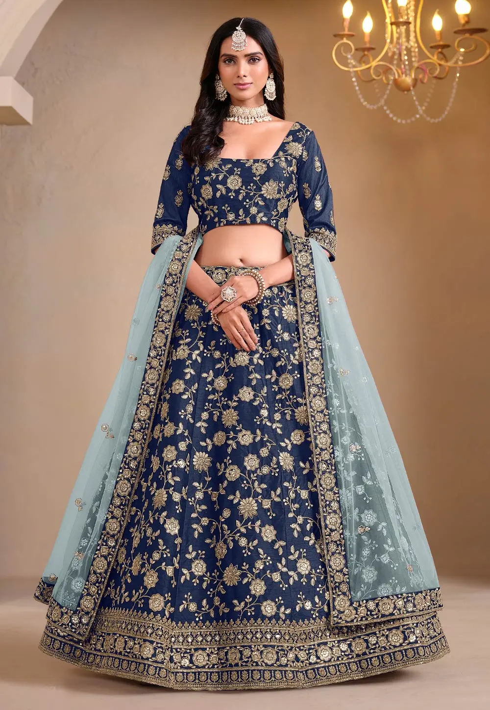 Navy Blue Art Silk A Line Lehenga Choli 303247