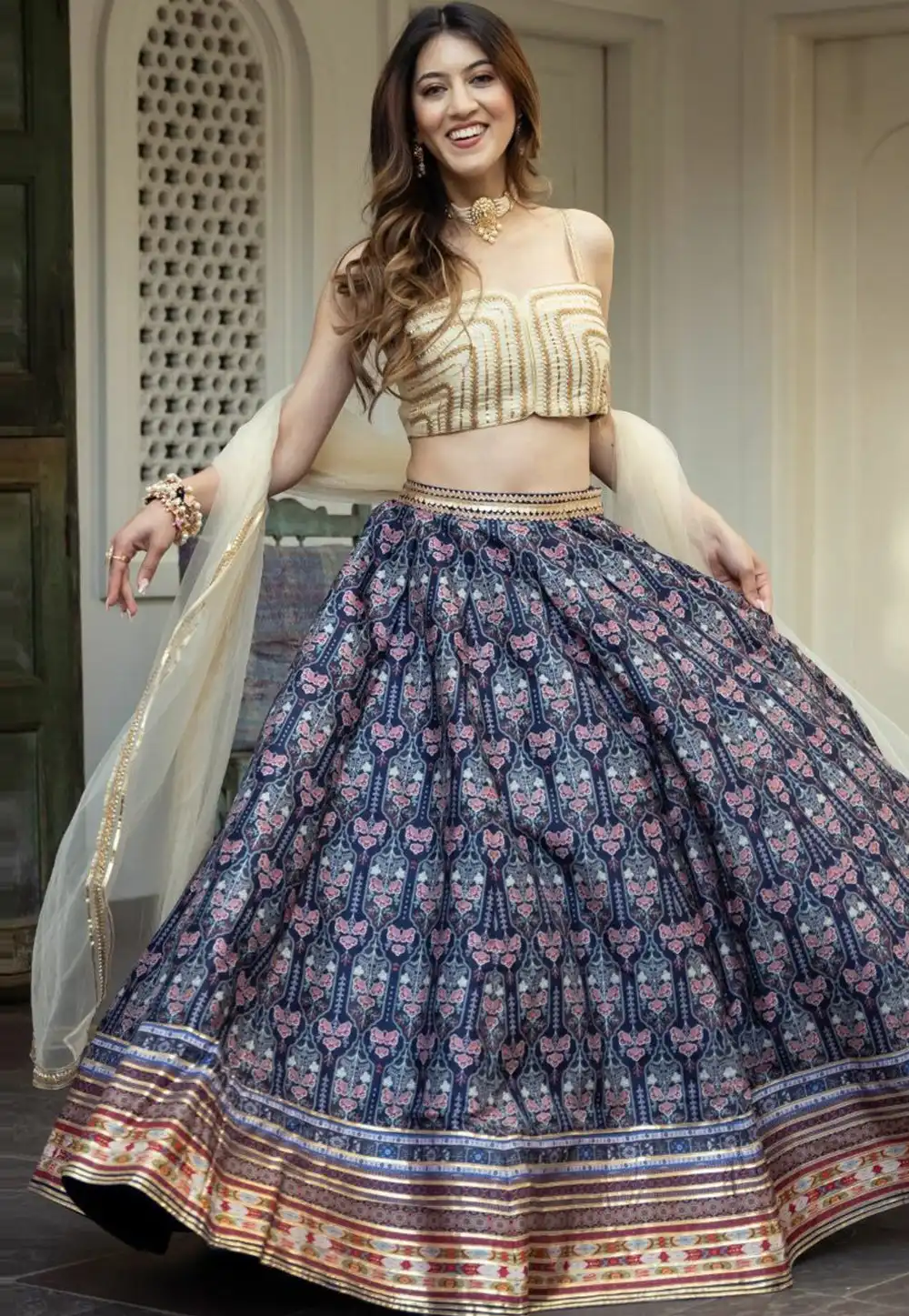 Navy Blue Art Silk Circular Lehenga Choli 293618