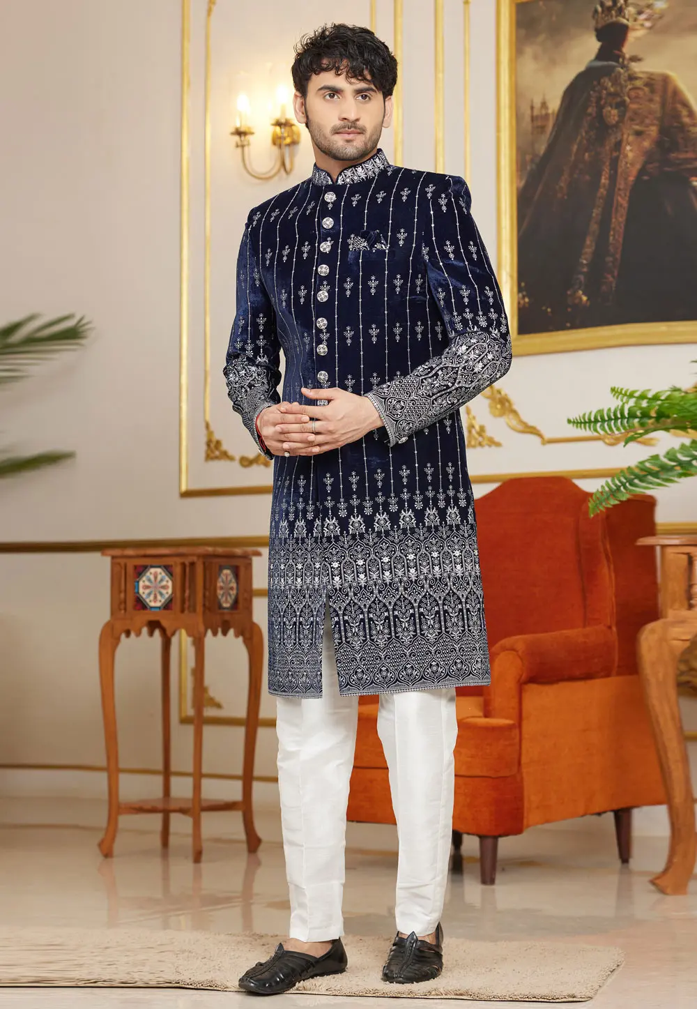 Navy Blue Art Silk Indo Western Sherwani 302214