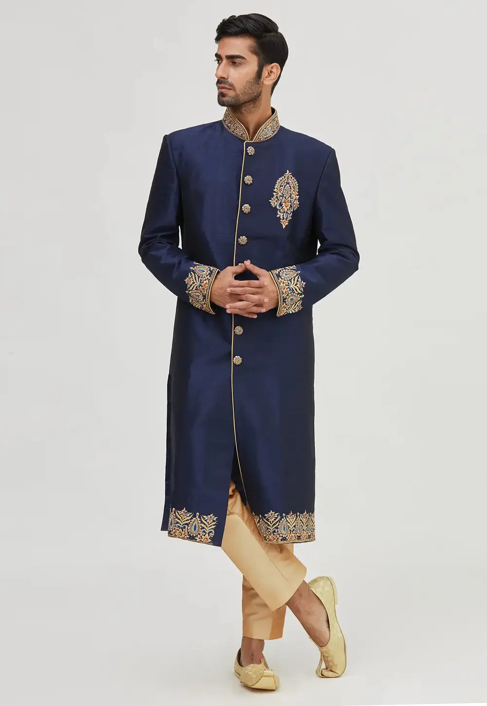 Navy Blue Art Silk Indo Western Sherwani 300163