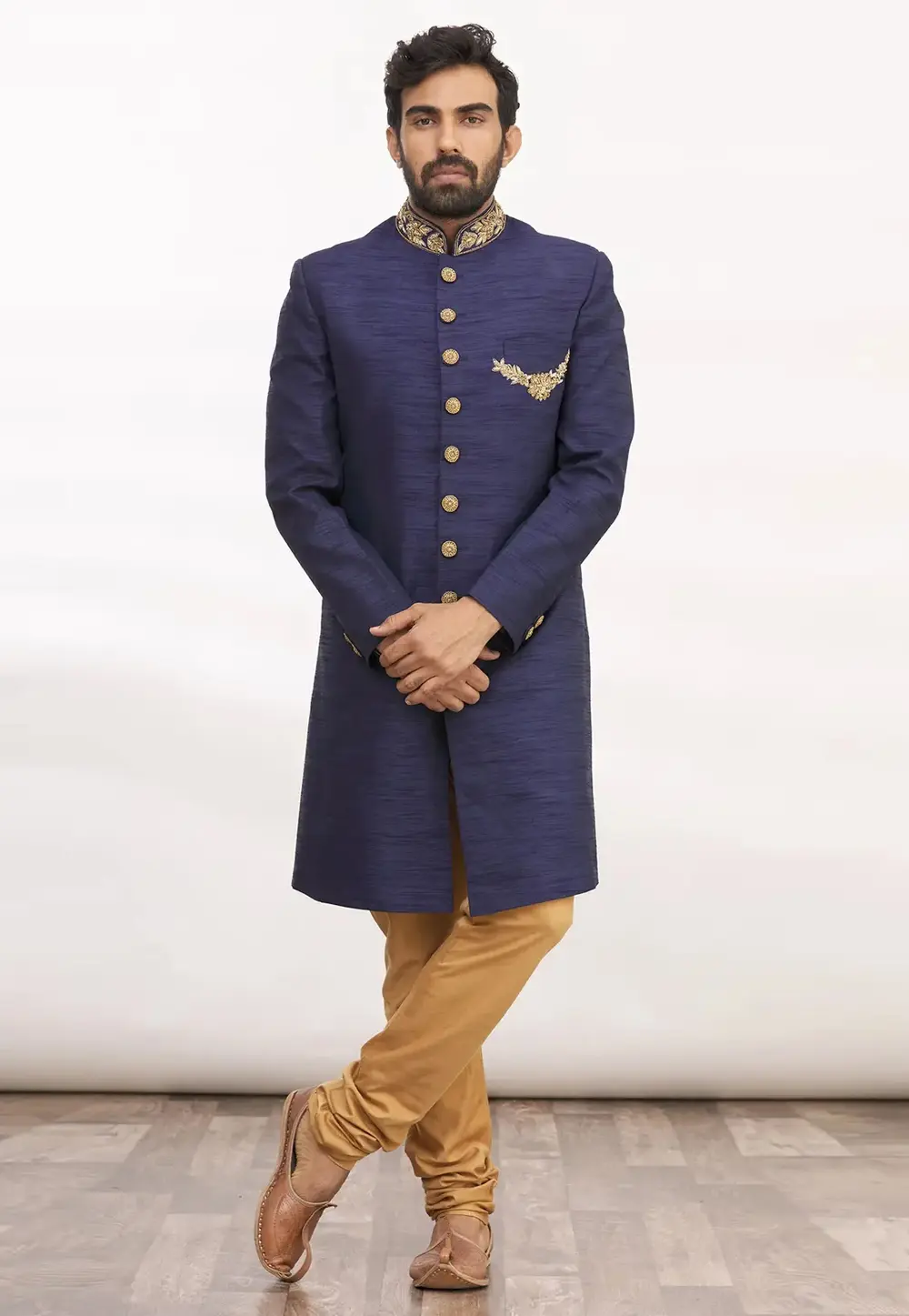 Navy Blue Art Silk Indo Western Sherwani 300164