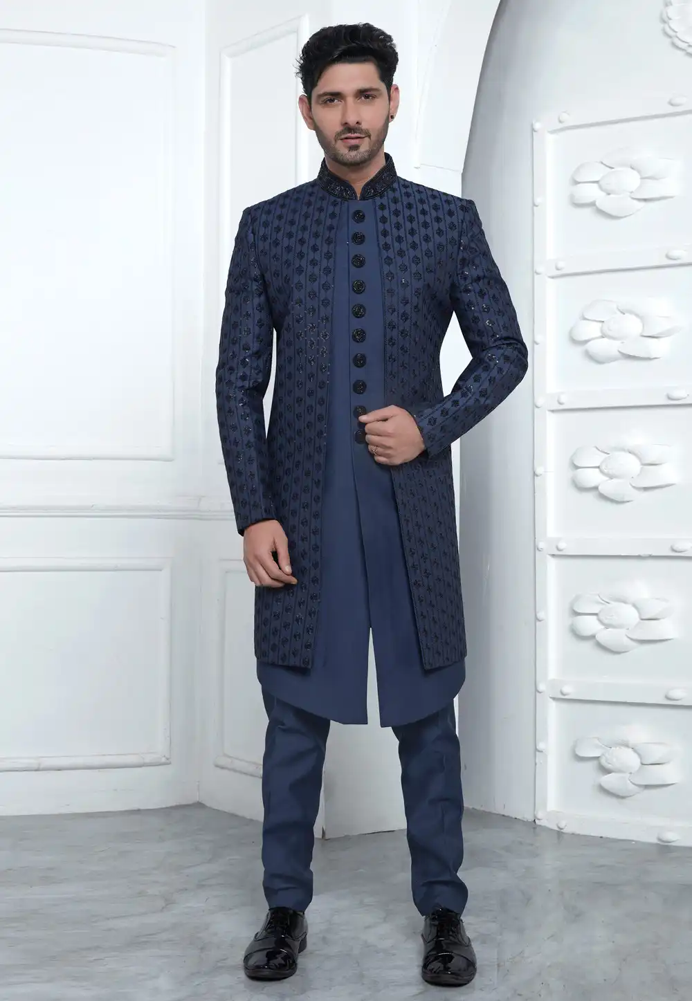 Navy Blue Art Silk Indo Western Suit 291288