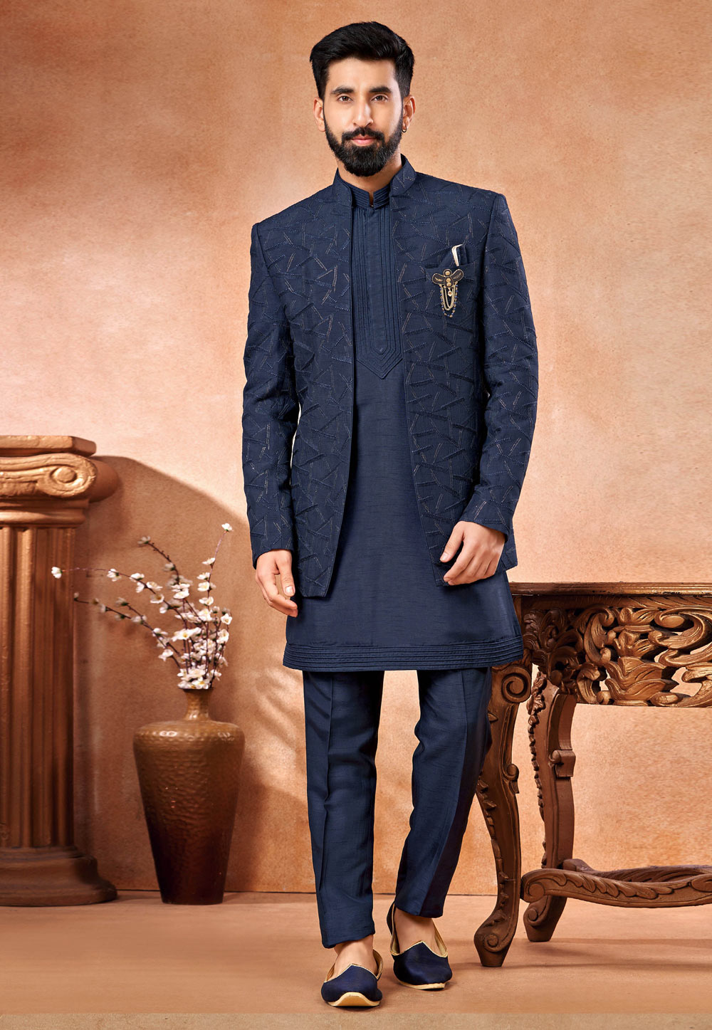 Navy Blue Art Silk Indo Western Suit 280272